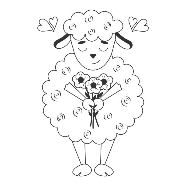 可爱的小羊羔带着花。单色儿童插图。矢量插图。儿童着色书。孤立在白色的。图片下载