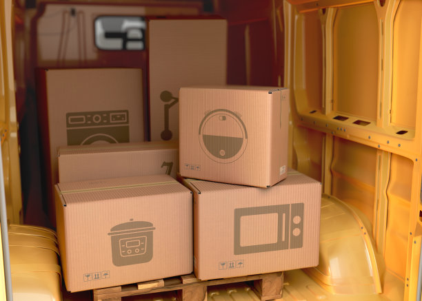 不同的电器箱设置在一辆小巴交付概念3d插图图片下载