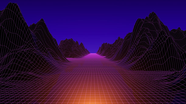3d霓虹未来景观与网格和山脉。Synthwave，赛博朋克，80年代游戏概念背景。图片下载