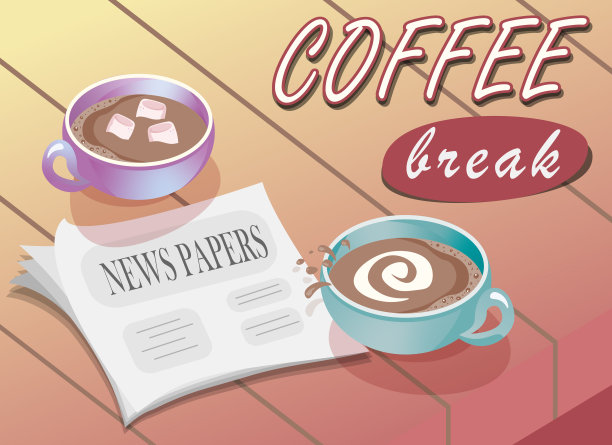 桌上有两杯咖啡和一张报纸。两人咖啡休息时间图片下载