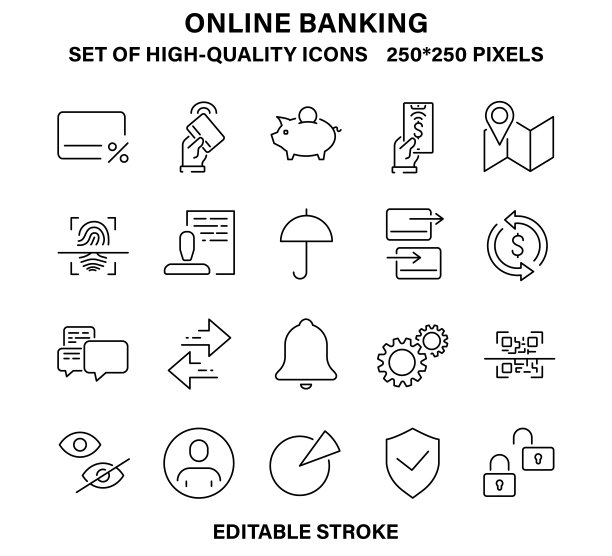 一组用于应用程序的简单线性在线银行图标图片下载