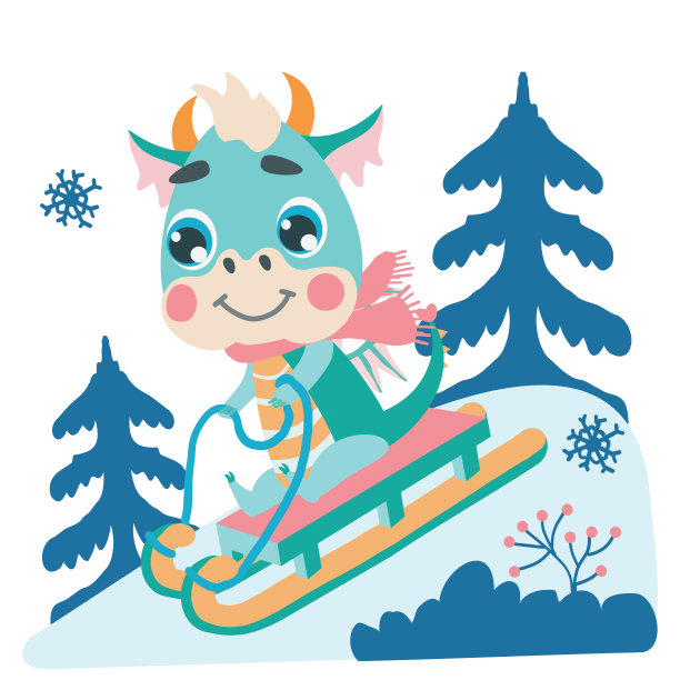 青龙幼崽乘雪橇下山。矢量插图的设计，印刷，贺卡和图案。可爱的神奇人物小龙2024图片下载