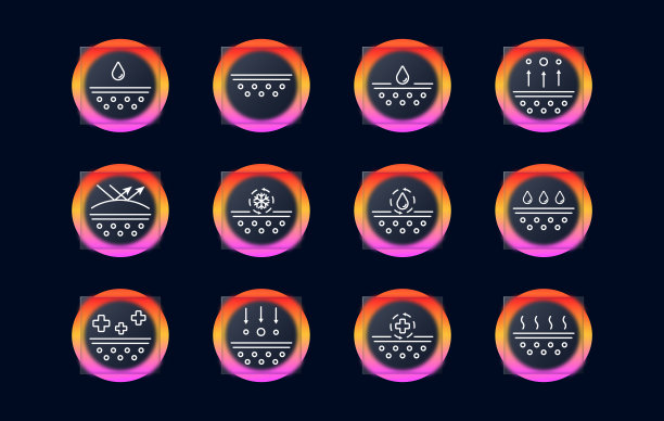 皮肤保护套装图标。保湿，护手霜，面膜，祛痘，杀菌，剃须凝胶，保湿。Scin保健概念。Glassmorphism风格。矢量线图标的业务图片下载