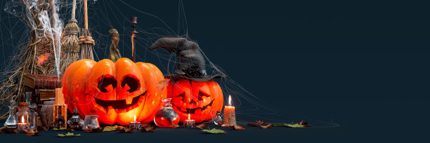 雕刻微笑的南瓜与万圣节装饰的黑色背景图片下载