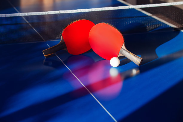 蓝色网球桌配双球拍，白色网球，休闲活动图片下载