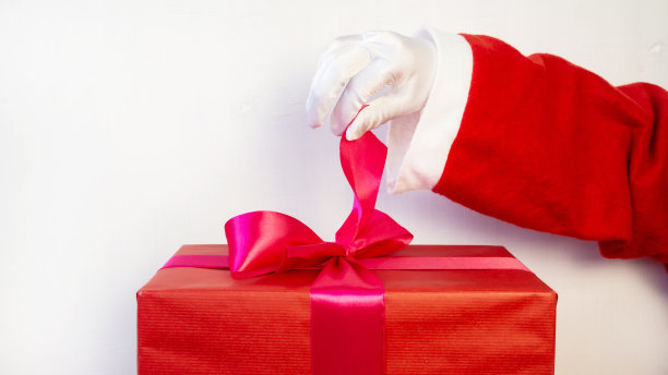 圣诞老人手拿圣诞礼品盒。图片下载