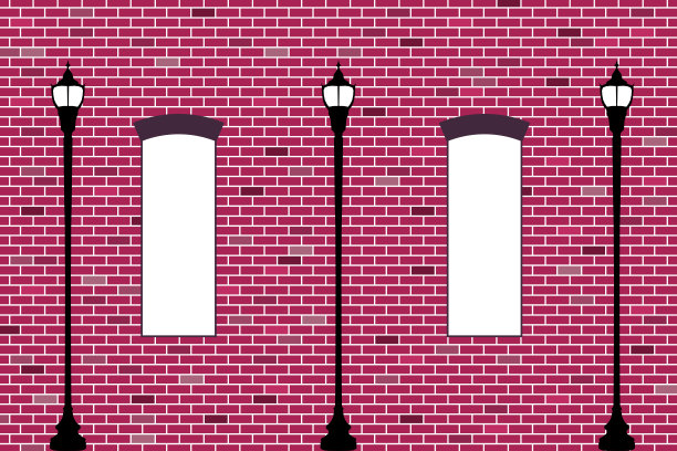 复古的城市街道建筑街灯砖墙小巷窗户灯路灯路灯路灯平面矢量插图图片下载