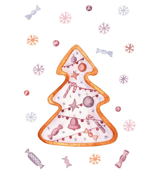有雪花和糖果的圣诞树饼干;圣诞贺卡水彩插图图片下载