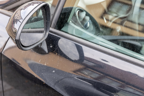 废弃汽车后视镜上有蜘蛛网图片下载