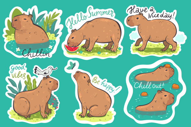 一套印有水豚和题字的贴纸图片下载