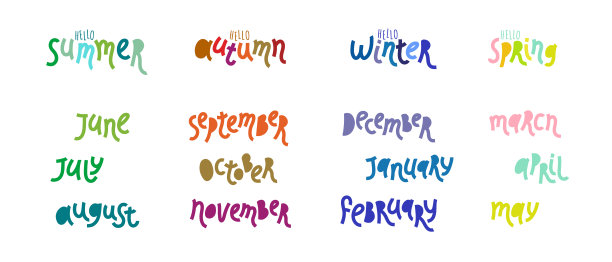 集合极简矢量字母。
彩色字母。刻有夏、秋、春、冬月份的名称。手写的月标题印刷，明信片，小册子，海报，日历，计划图片下载
