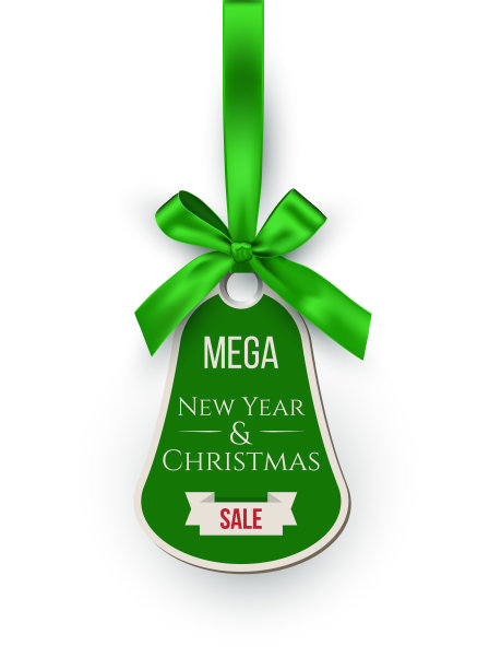 Mega新年和圣诞节销售矢量标签模板。圣诞节打折广告活动。新年树玩具带现实的插图。特殊报价的概念。购物低价标签设计图片下载
