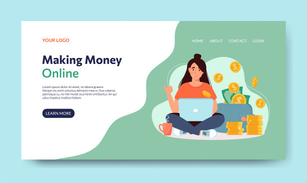 女人在网上赚钱。矢量横幅的平面风格。带着笔记本电脑的自由职业者，从中涌出的金币正流入装有美元的钱包。富家女在家工作。孤立的背景图片下载