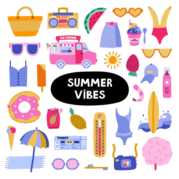 大时髦约暑假，热带海滩，炎热天气，夏日休息。手绘矢量度假集的平面风格。孤立的涂鸦和剪贴画。季节性饮料，娱乐，服装图片下载