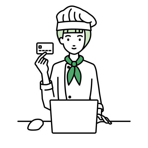 一名女厨师在她的办公桌上使用笔记本电脑，手里拿着一张信用卡图片下载