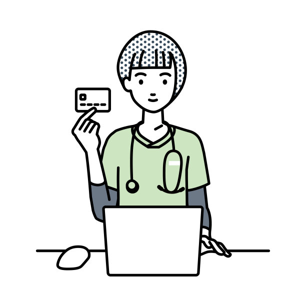 一名护士在她的办公桌上使用笔记本电脑，手里拿着信用卡图片下载