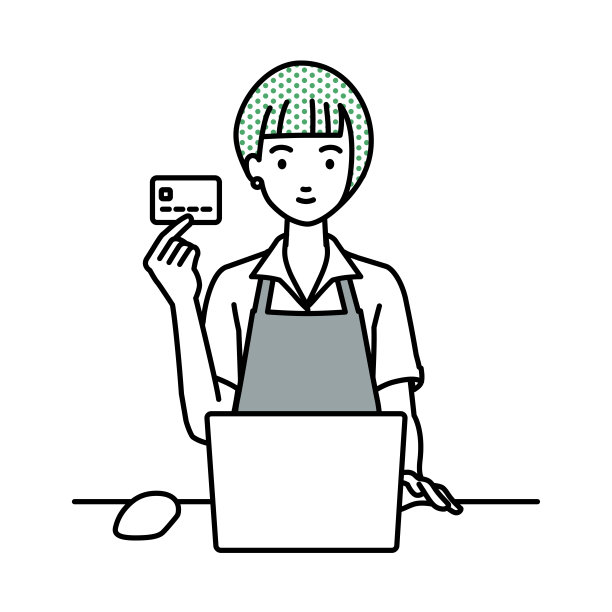 一个穿着咖啡围裙的女人在她的桌子上使用笔记本电脑，手里拿着一张信用卡图片下载