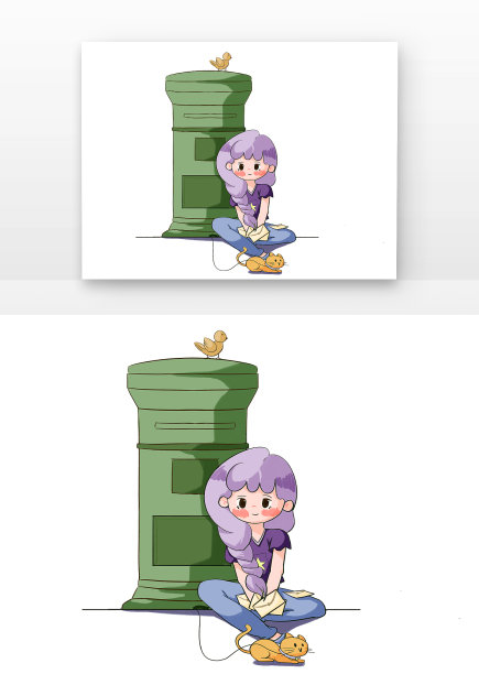 手绘女孩坐在邮箱旁图片下载