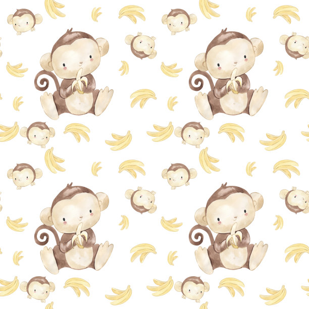 儿童水彩猴子无缝图案插画图片下载