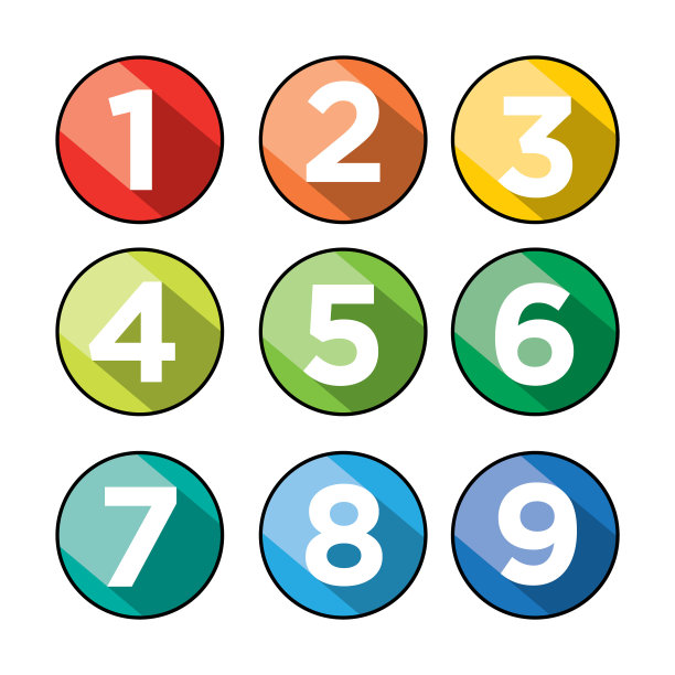 彩色圆圈中的矢量白色数字集。图片下载
