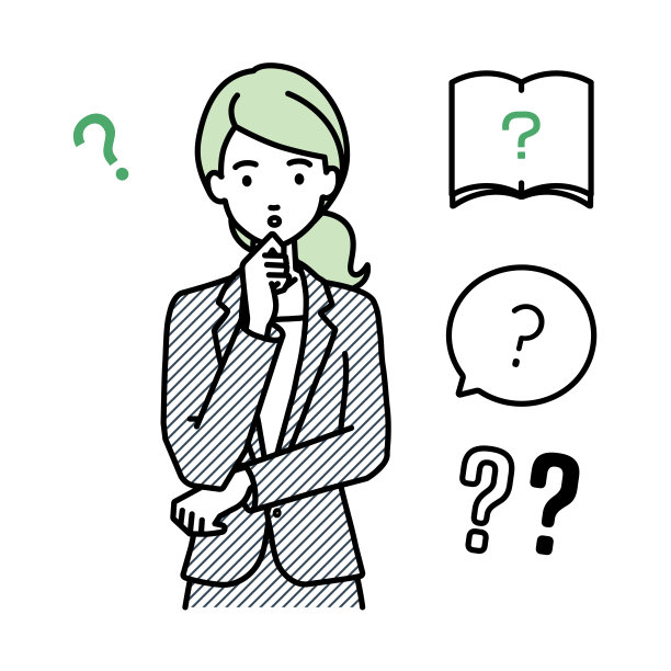 一名身着西装的女子举着问题站着，手指放在下巴上的问号上 问号图片下载