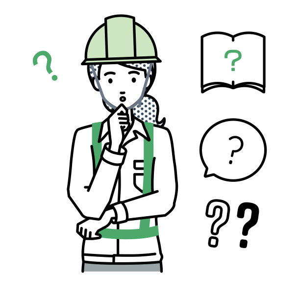 图为，在建筑工地工作的女子，手拿着放在下巴上的问号图片下载