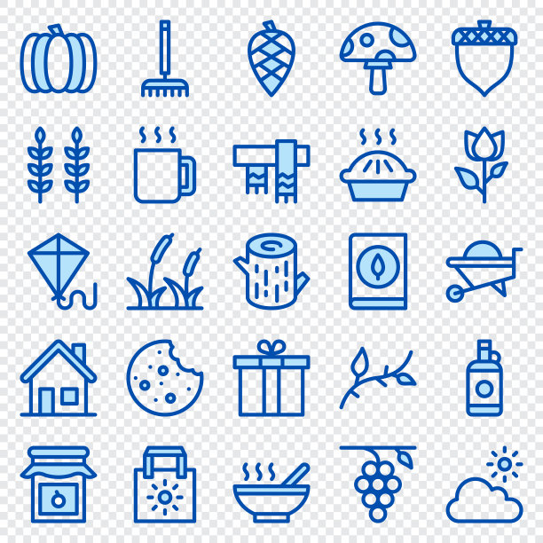 套50秋季图标在线蓝色风格。叶子,浆果,毛衣。轮廓图标集合。矢量图图片下载