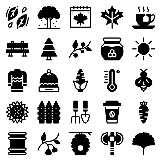 套50秋季图标固体风格。叶子,浆果,毛衣。坚实的图标集。矢量图图片下载