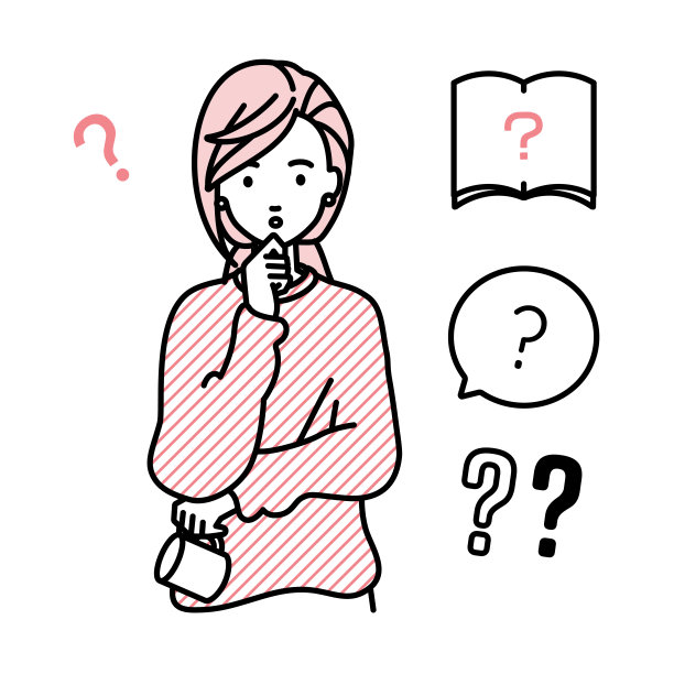 一名女士，穿着休闲装，手拿马克杯，手指放在下巴上问号图片下载