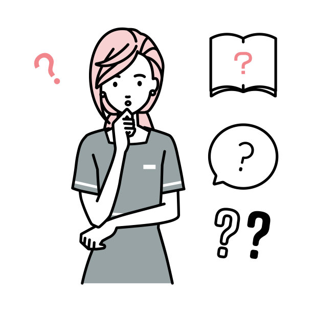 一个美学家，女接待员拿着一个问题站在她的手指在她的下巴问号设置图片下载