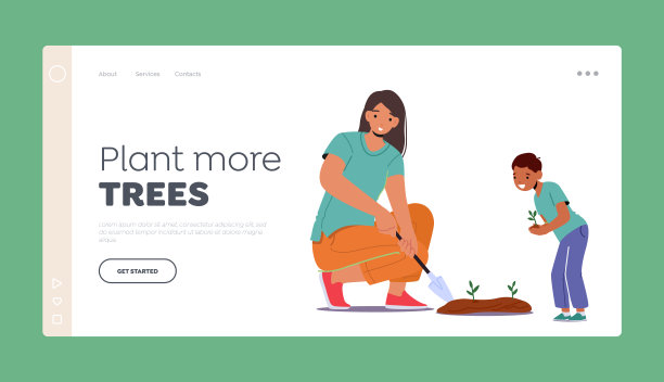 孩子与母亲或老师做园艺登陆页模板。人们种植和照顾植物图片下载