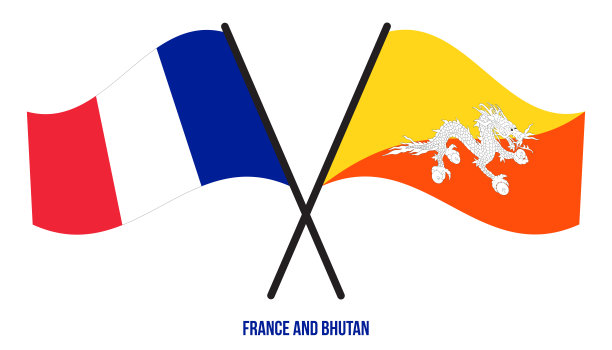 法国和不丹的国旗交叉并平挥。官方的比例。正确的颜色。图片下载