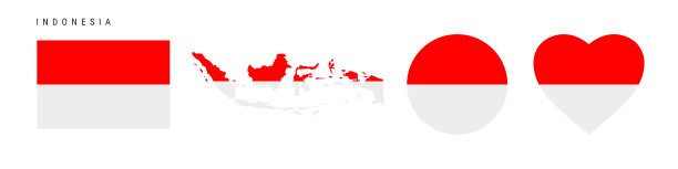 印度尼西亚国旗在不同形状的图标集。平面向量插图图片下载