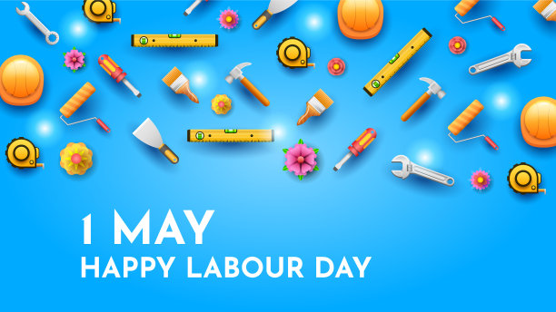 5月1日劳动节安全帽扳手鲜花工具花环矢量设计横幅图片下载