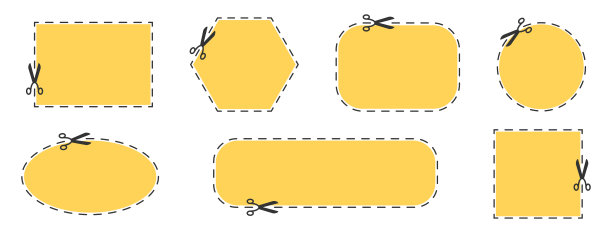 优惠券剪与剪刀图标集。贴现线黄色边框。轮廓网页横幅。学校论文框架。价格信号。影展门票标签。销售模板。剪纸艺术设计。矢量图图片下载