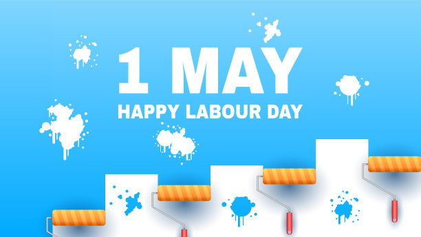 5月1日劳动节安全帽扳手鲜花工具花环矢量设计横幅图片下载