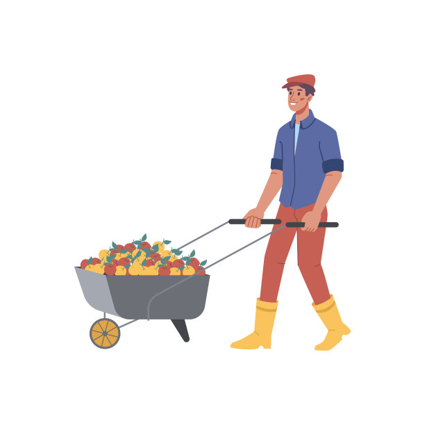 收割的农民推着装满苹果的小推车。农业和农业商业。穿着制服的人在田间工作。矢量平面卡通风格图片下载