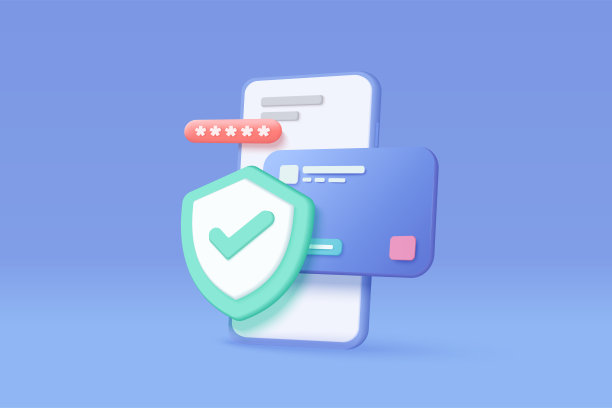 3D信用卡货币金融保障网上购物，网上支付带支付保障。购物用手机密码安全。3d金融矢量图标渲染插图图片下载