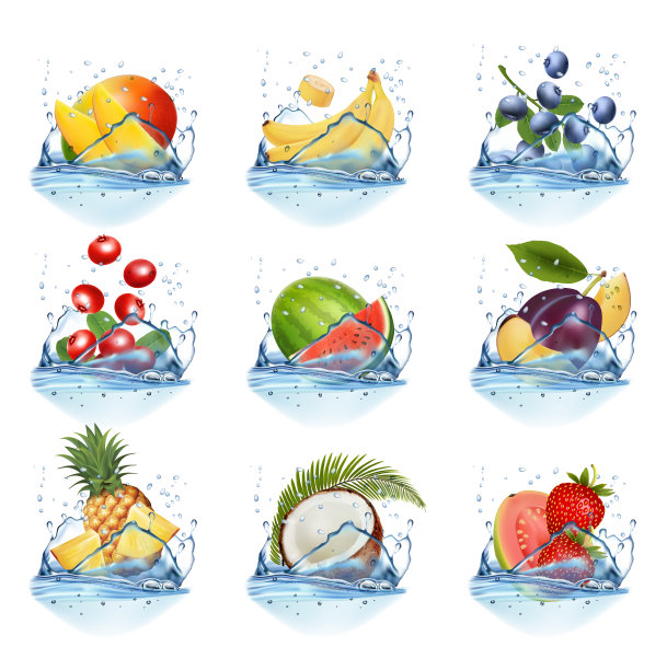 大收集的水果在水飞溅。覆盆子，黑加仑，黑莓，蓝莓，李子，菠萝，甜瓜，板南，番石榴，草莓，椰子。向量集。图片下载