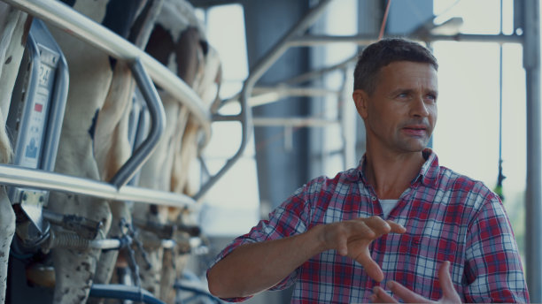 农学家讨论牛奶生产与农场自动化系统近距离。图片下载