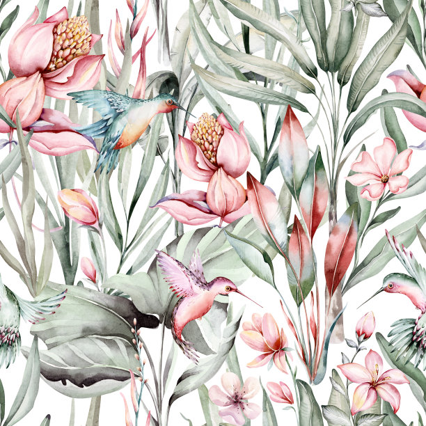 热带水彩鸟蜂鸟，猴子和美洲虎，异国情调的丛林植物棕榈芭蕉叶花，火烈鸟粉彩无缝图案面料背景图片下载