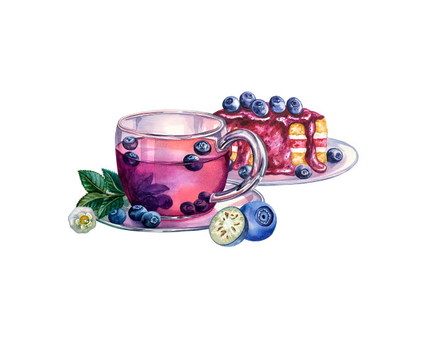 蓝莓茶会，蛋糕和蓝莓茶。蓝莓，新鲜天然健康产品。水彩插图。图片下载