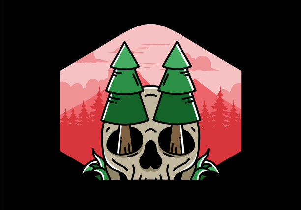 松树卡在头骨的设计图片下载