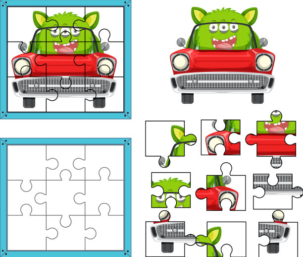 一款怪兽驾驶汽车的照片拼图游戏模板图片下载