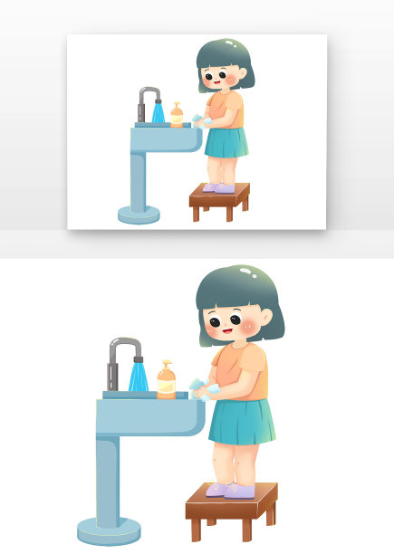 卡通女孩站在凳子上洗手图片下载