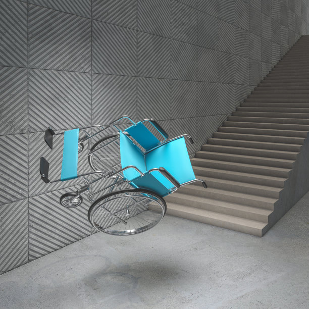 残疾人轮椅从混凝土楼梯上摔了下来。图片下载