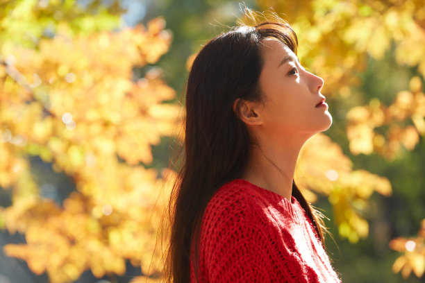 一个年轻女子的画像与秋叶图片下载