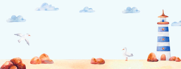 海岸插画与灯塔，海鸥，云。水彩旅游旗帜。图片下载