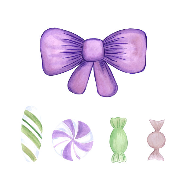 手绘水彩蝴蝶结和糖果的元素设置为儿童纺织品。剪贴簿设计，排版海报，标签，横幅，明信片。图片下载