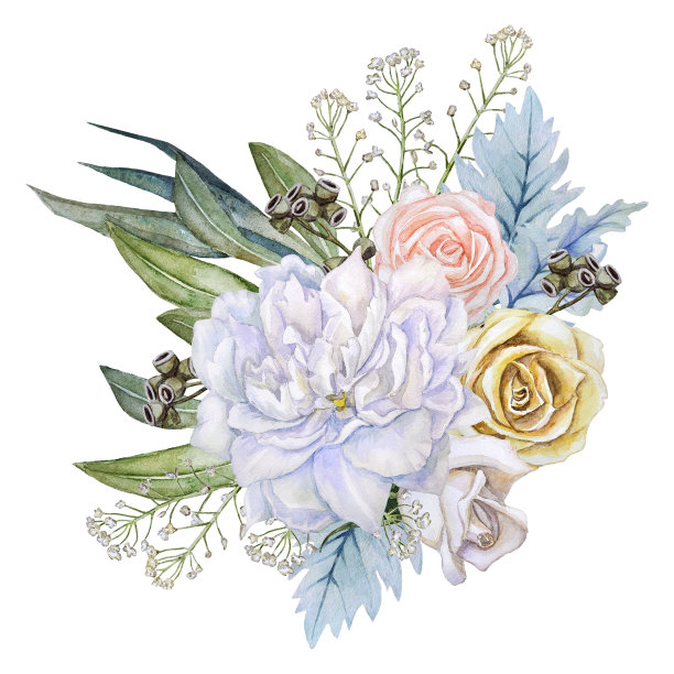 由花、干花和叶子组成的水彩画花。图片下载